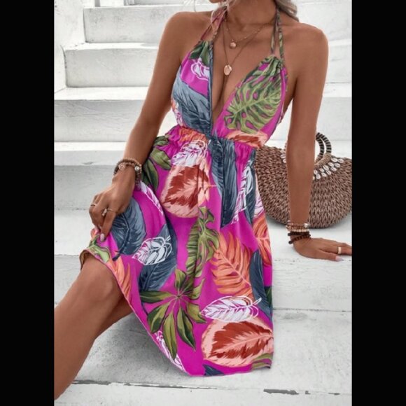 Hot Pink Tropical Leaf Halter Mini Dress - Open Back Vacation Sundress - Picture 3 of 3
